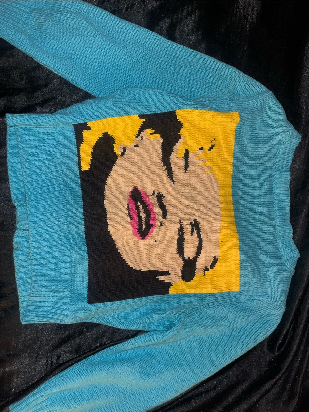 Betsey Johnson Turquoise Pop-Art Face Sweater with Yellow & Pink Accents